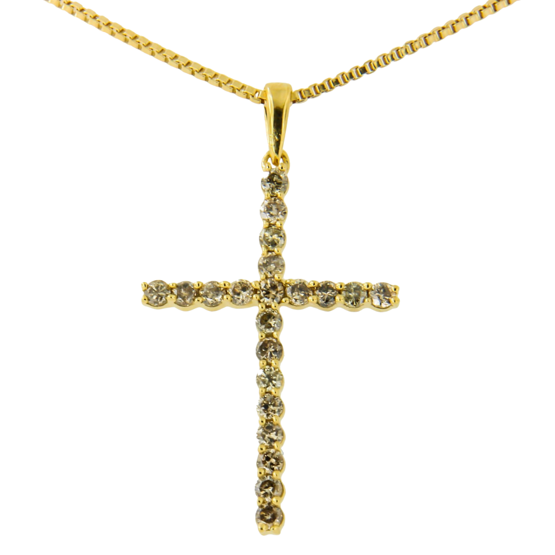 14K Yellow Gold Plated 925 Sterling Silver 1/2 Cttw Champagne Diamond Cross Pendant Necklace