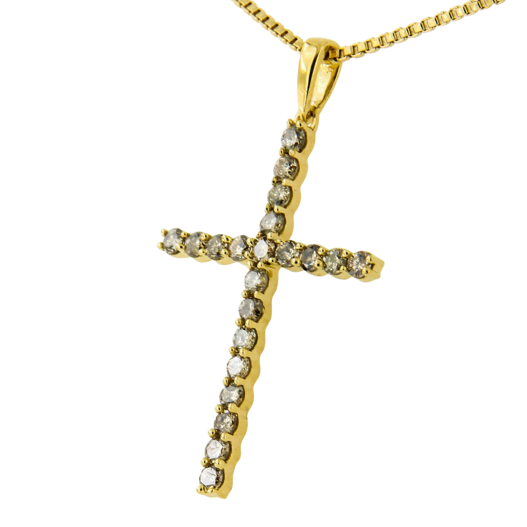 14K Yellow Gold Plated 925 Sterling Silver 1/2 Cttw Champagne Diamond Cross Pendant Necklace